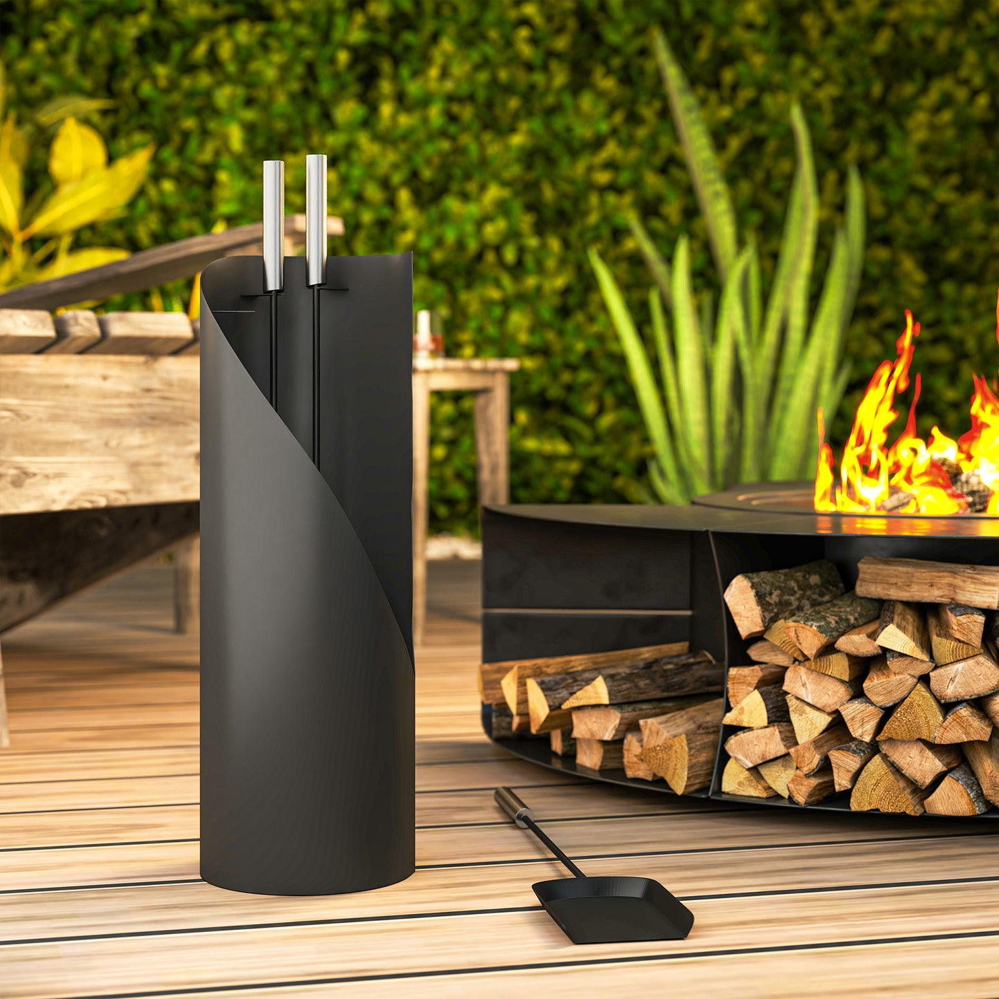 Outsunny Kaminbesteck Set 4-teilig Kaminzubehör mit Besen, Schaufel, Schürhaken und Korb, Kamingarnitur, Metall, Schwarz