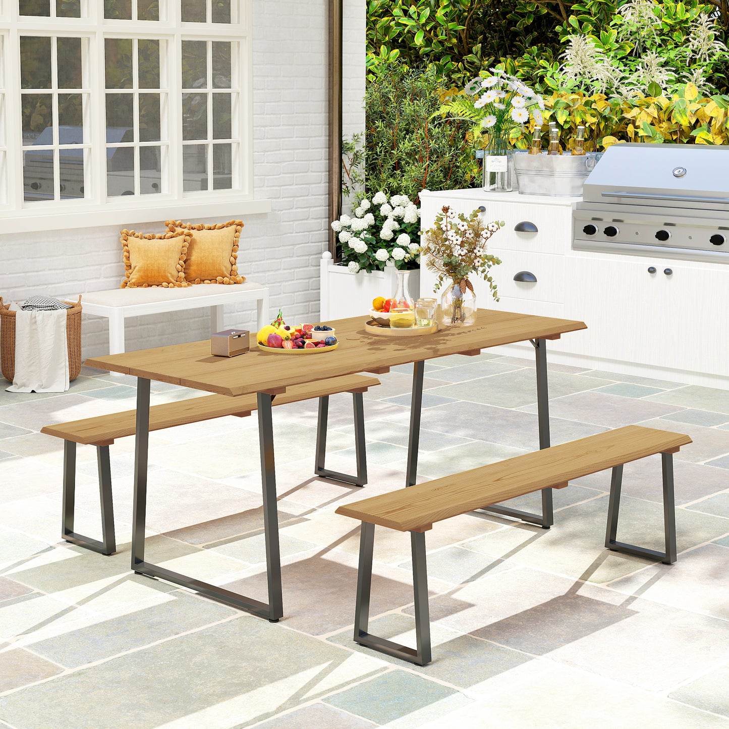 Outsunny Sitzgruppe 3-teilig Holz Essgrupp für 6 Personen Esstisch mit 2 Bänke Schirmloch Holztisch 178 x 76 x 77 cm Naturholz