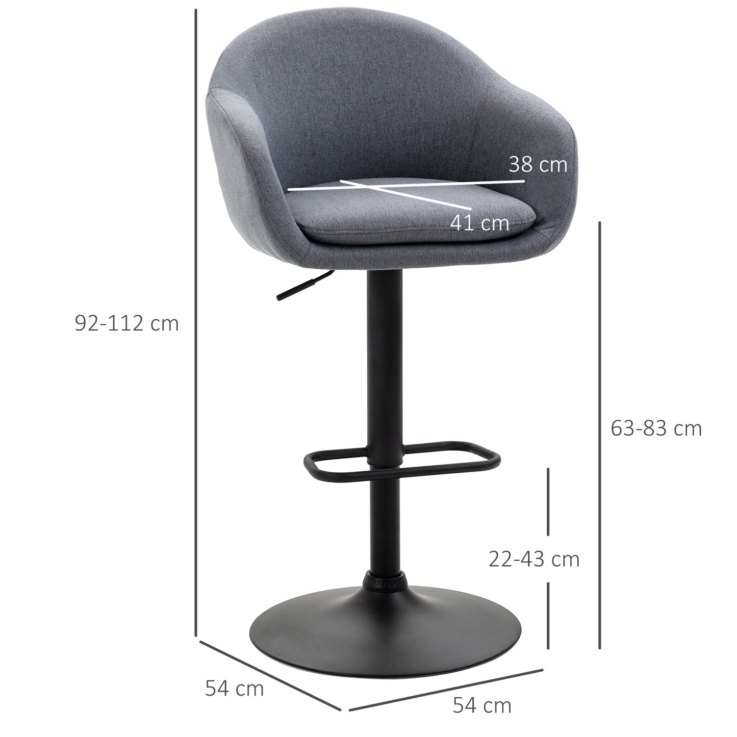 HOMCOM Barhocker höhenverstellbar mit Lehne und mit Fußstütze; Leinenoptik, 54 cm x 54 cm x 112 cm, Grau