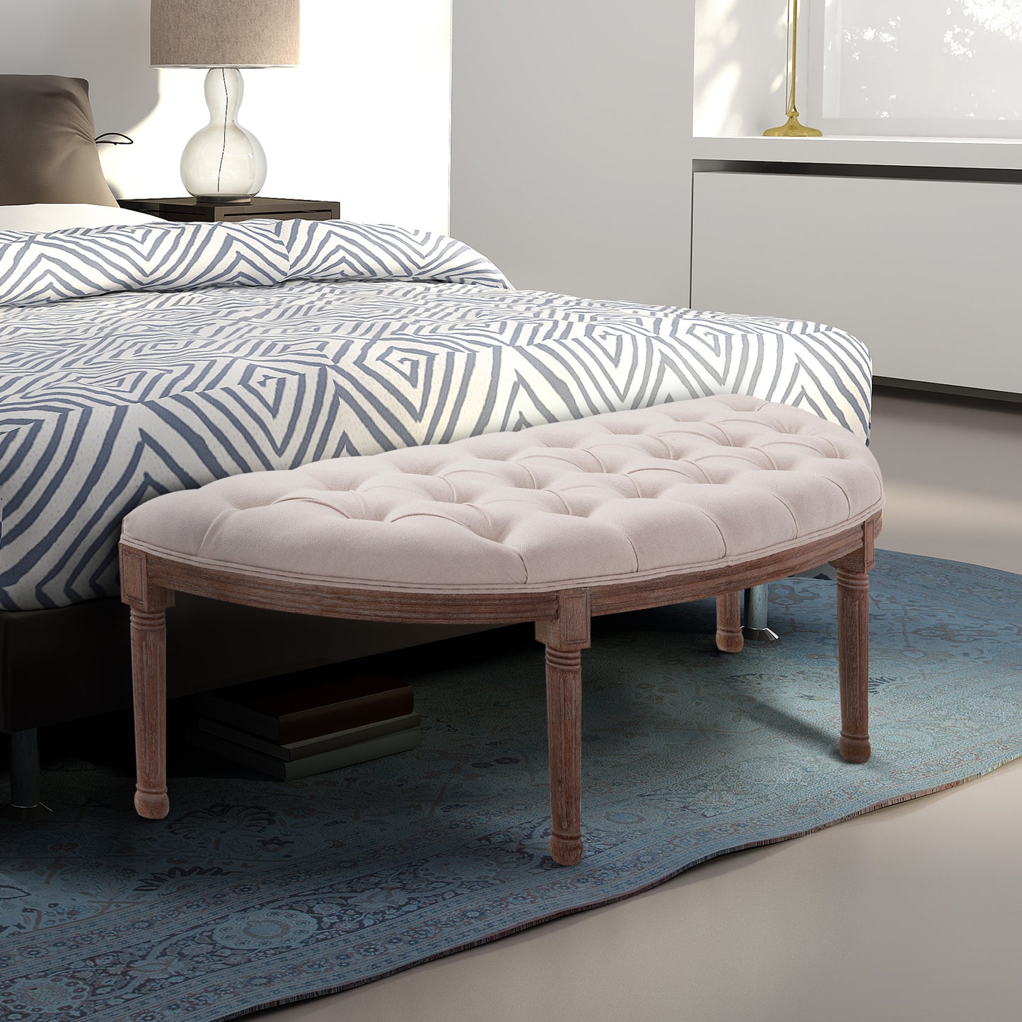 HOMCOM Polsterbank Sitzbank Lounge Sitzhocker Vintage Retro mit Knöpfen Sofa Couch Leinen + Holz beige 140,5 x 51 x 48 cm