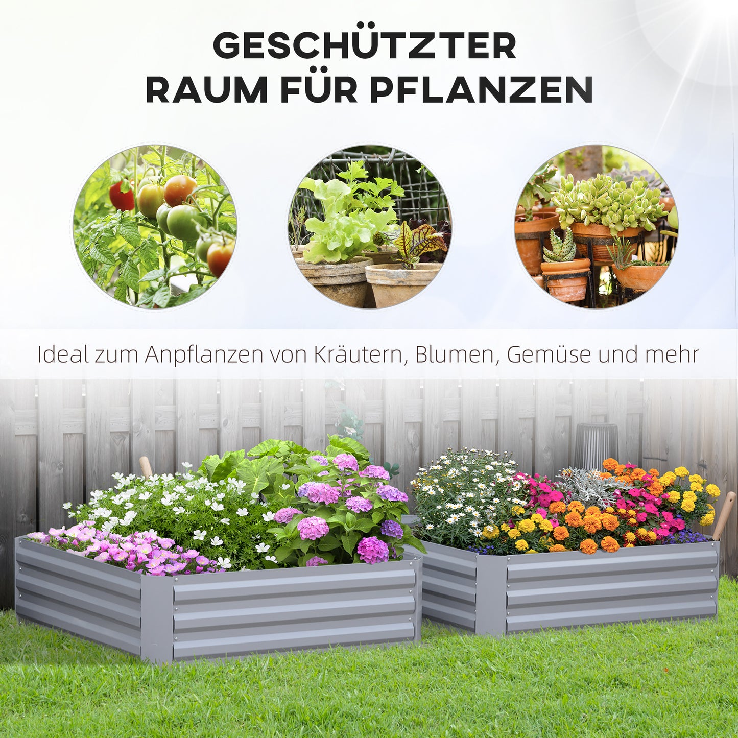 Outsunny Pflanzkasten, 2er-Set, Blumenkasten, offener Boden, Stahlrahmen, grau, (2 x) 100 x 100 x 30 cm