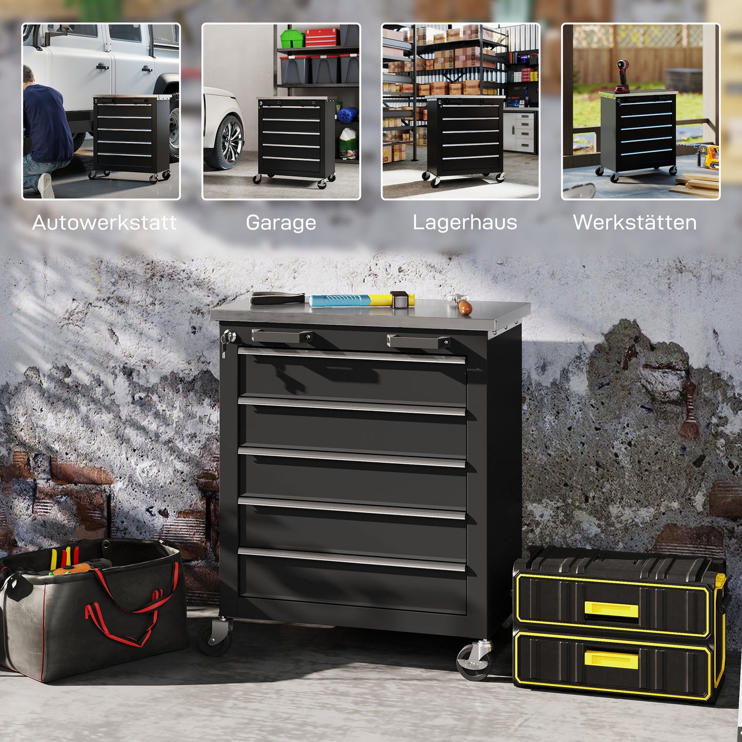 HOMCOM Werkzeugschrank mit 5 Schubladen, rollbare Werkzeugkiste, Werkzeugwagen aus Stahl, Silberton+Schwarz