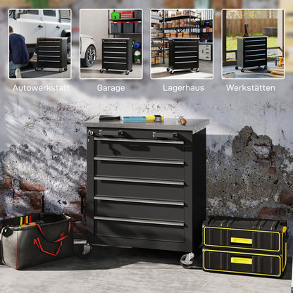 HOMCOM Werkzeugschrank mit 5 Schubladen, rollbare Werkzeugkiste, Werkzeugwagen aus Stahl, Silberton+Schwarz