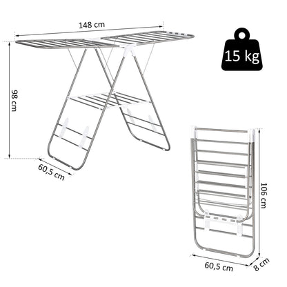 HOMCOM Wäscheständer 1,48 m Trockenlänge tragbar Standtrockner mit Teleskopstangen, Flügelwäscheständer Wäschetrockner für Innen und Außen, Silber+Weiß