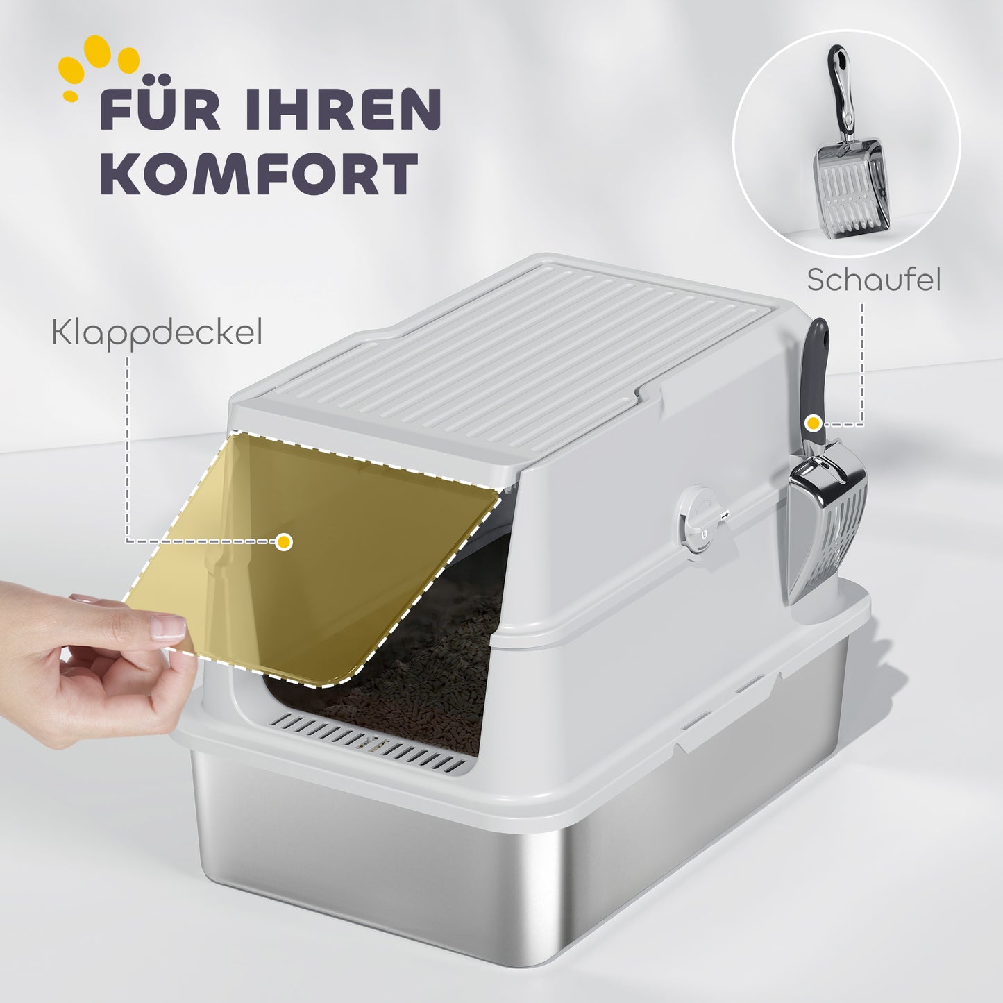 PawHut Katzentoilette, Edelstahl, XL-Innenraum, mit Schaufel, Hellgrau