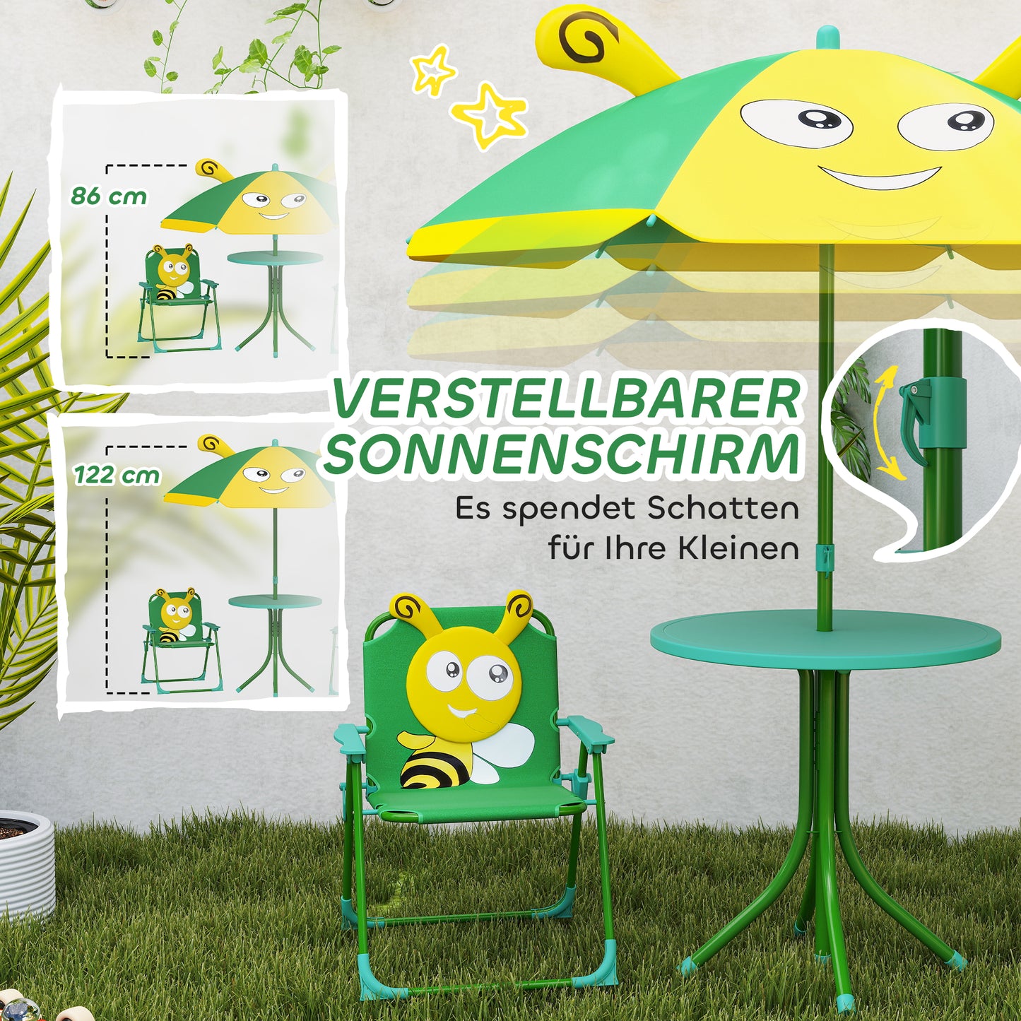 AIYAPLAY Gartenmöbel-Set für Kinder, Stühle, Tisch, Sonnenschirm, Bienen-Design, Grün+Gelb