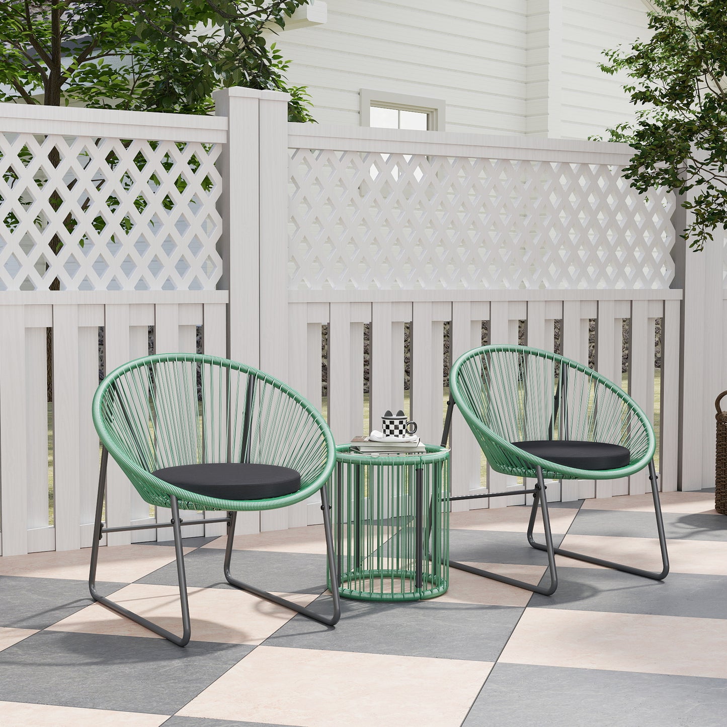 Outsunny 3-teiliges Outdoor-Möbelset, 1 Tisch, 2 Stühle, Glastischplatte, Kunststoff-Rattan um Stahlrahmen, weiche Kissen, Grün