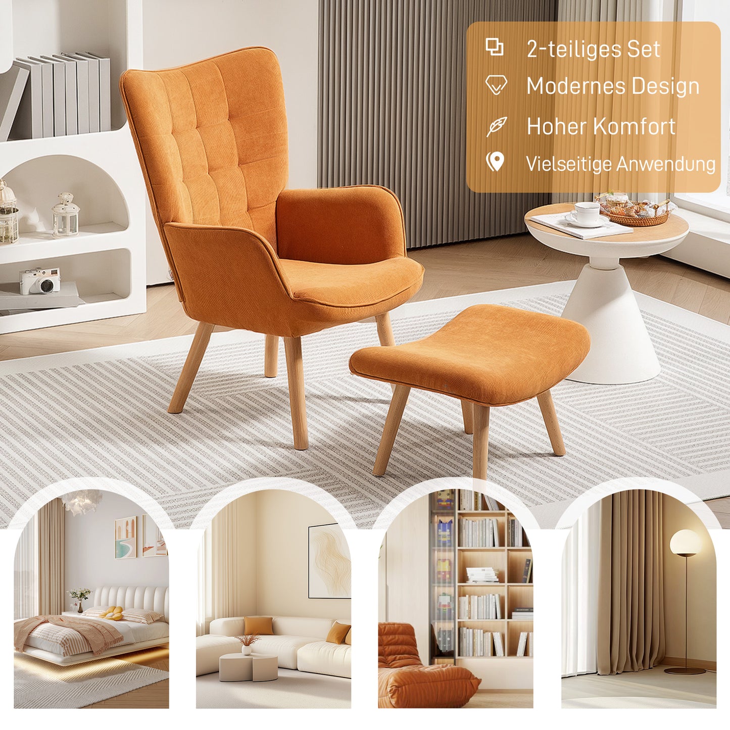 HOMCOM Akzentsessel mit Hocker, Relaxsessel in Cord-Optik, Armlehnstuhl mit Holzbeinen, für Wohnzimmer, Braun