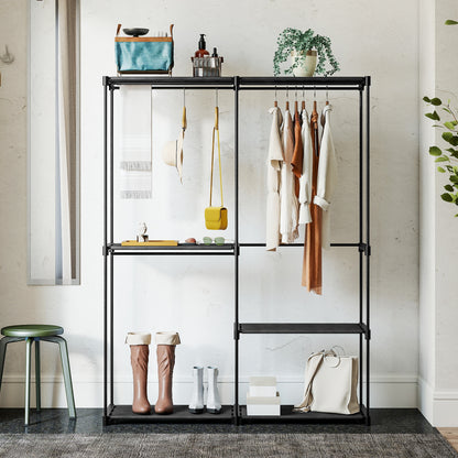 HOMCOM Tragbarer Kleiderständer, Metallrahmen, Stoffregale, viel Platz, Schwarz