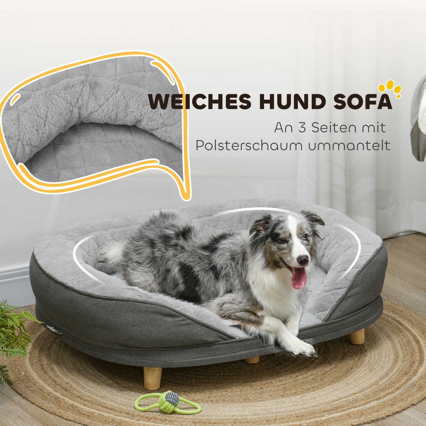 PawHut Hundebett für Hunde bis 25 kg, abnehmbarer Bezug, rutschfeste Füße, 90 x 78 x 25 cm, Grau