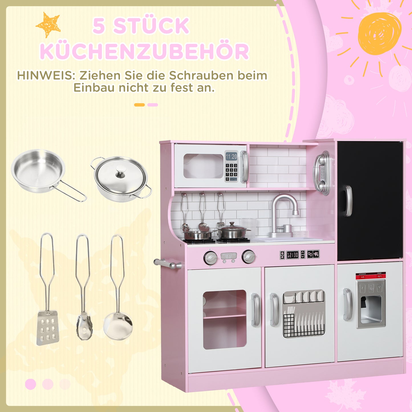 AIYAPLAY Spielküchen-Set mit Töpfen, Tafel, Telefon, Eismaschine, Herd, 83,8 x 26,8 x 81 cm, Pink
