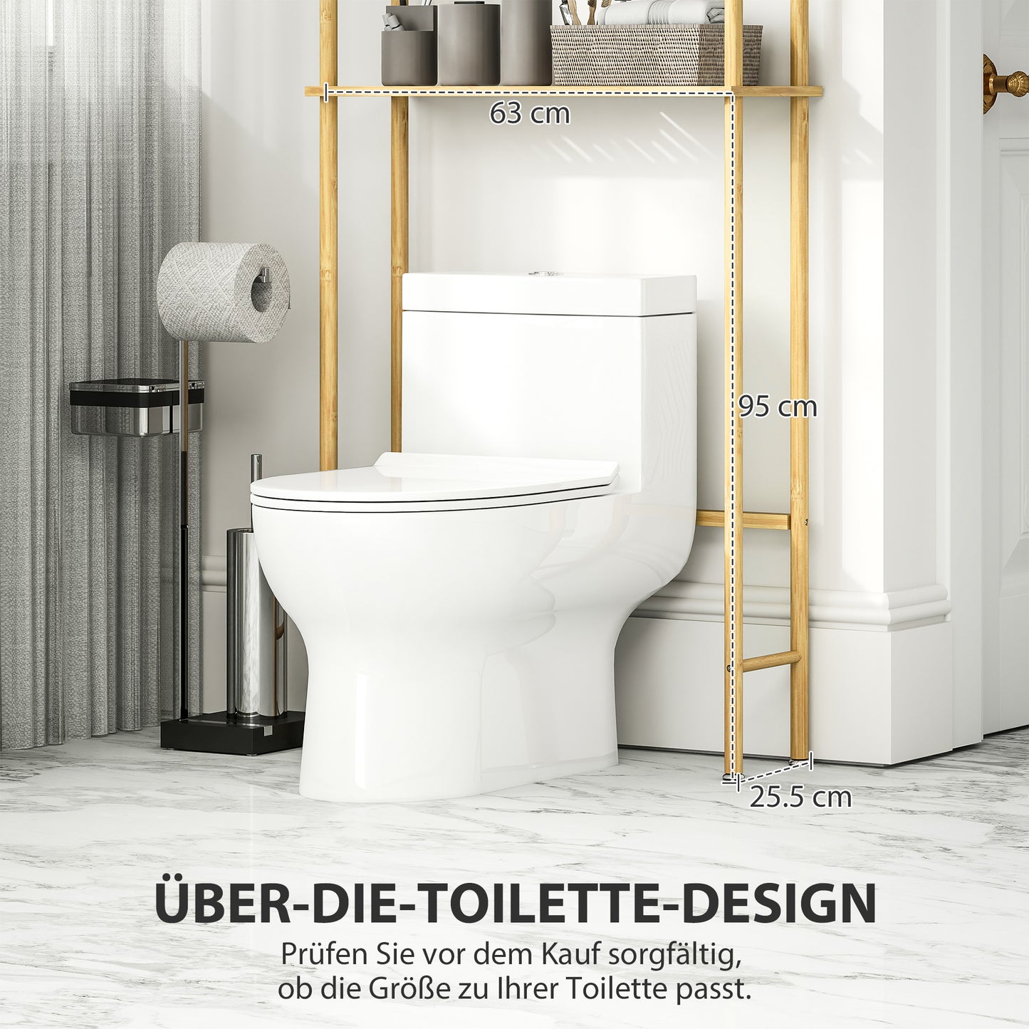 HOMCOM Toilettenregal 3 Ebenen Badezimmerregal, platzsparend Naturholz 69 x 25,5 x 181 cm