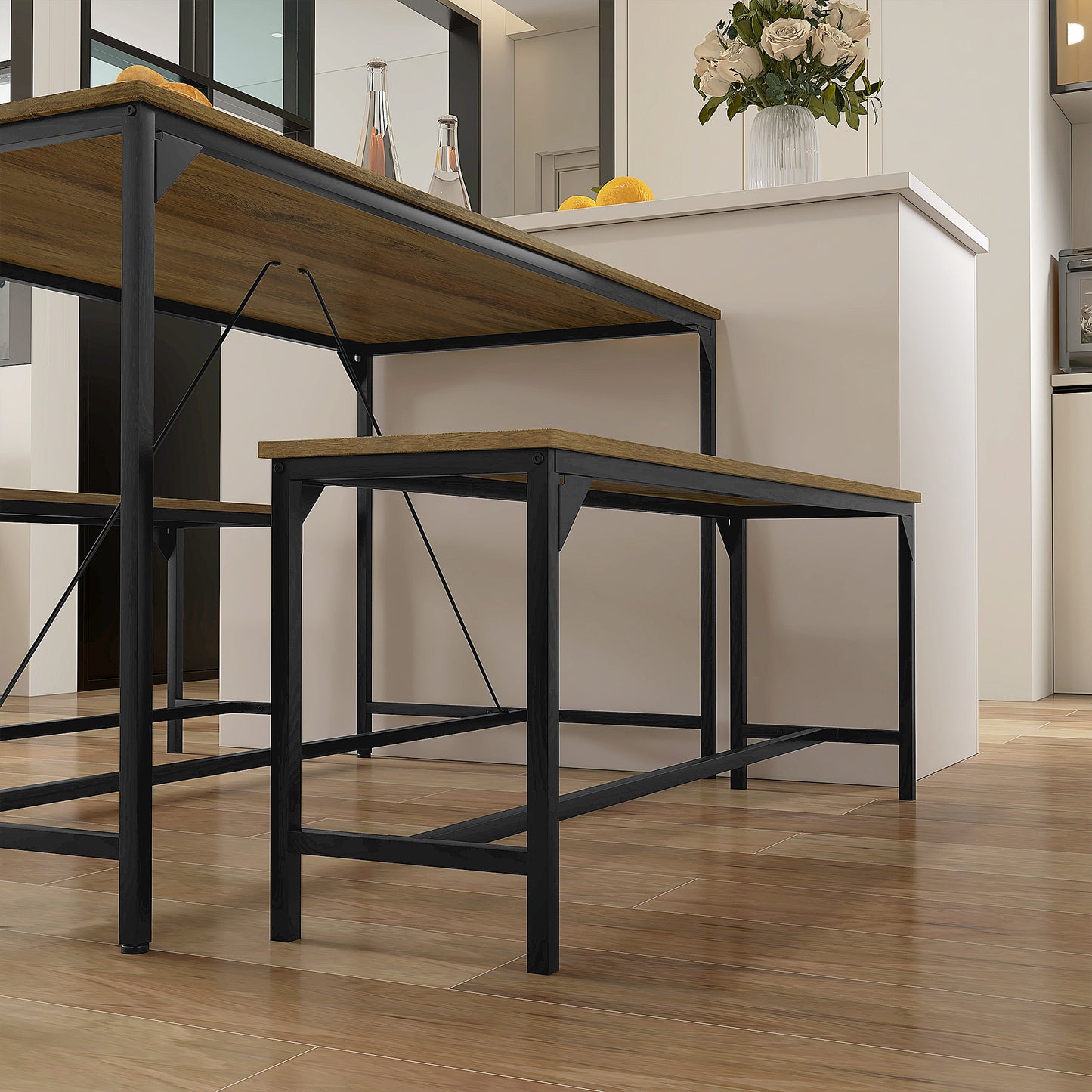 HOMCOM Essgarnitur, Tisch & 2 Bänke, Industrial Design, Stahlrahmen, Holzdekor/Schwarz