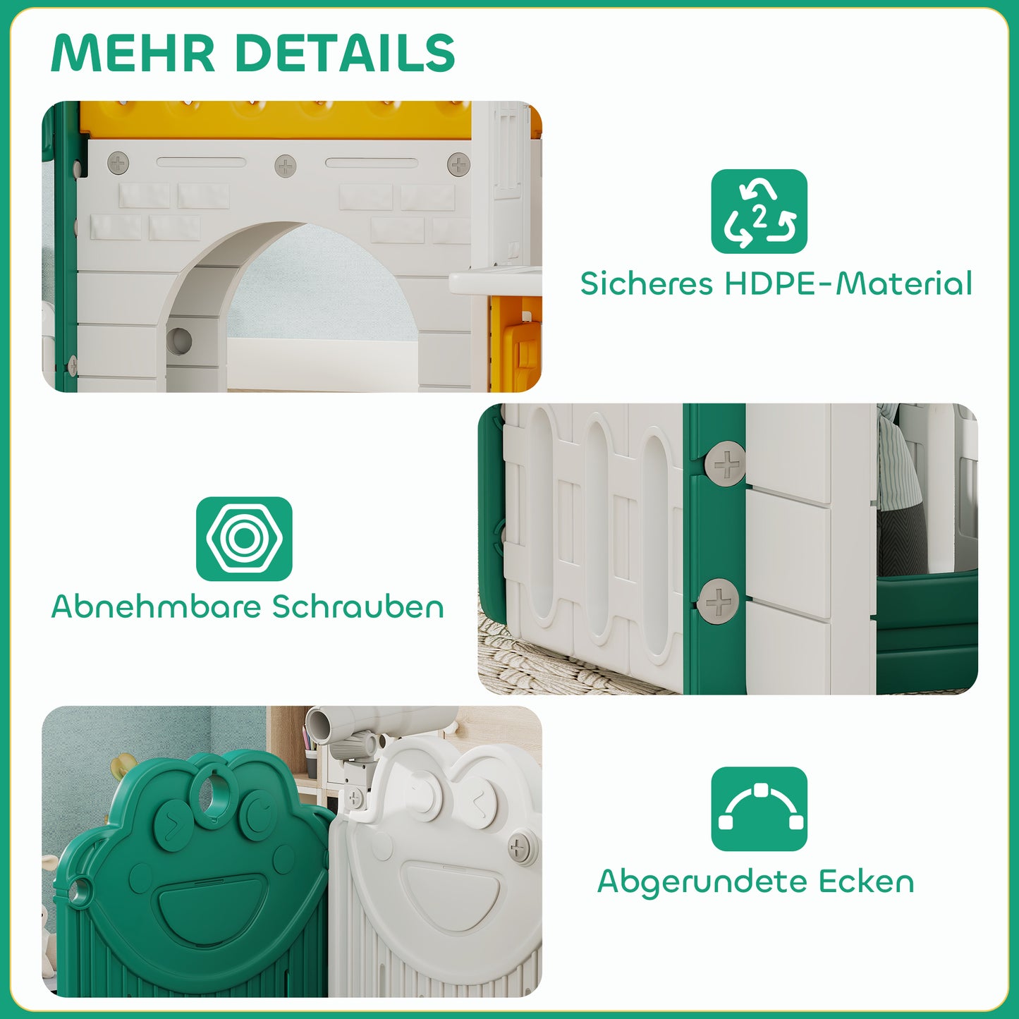 AIYAPLAY 7-in-1 Kinderrutsche, Indoor-Spielplatz, Klettergerüst, Haus, Tafel, Basketballkorb, 1-4 Jahre, Kunststoff, Gelb+Grün