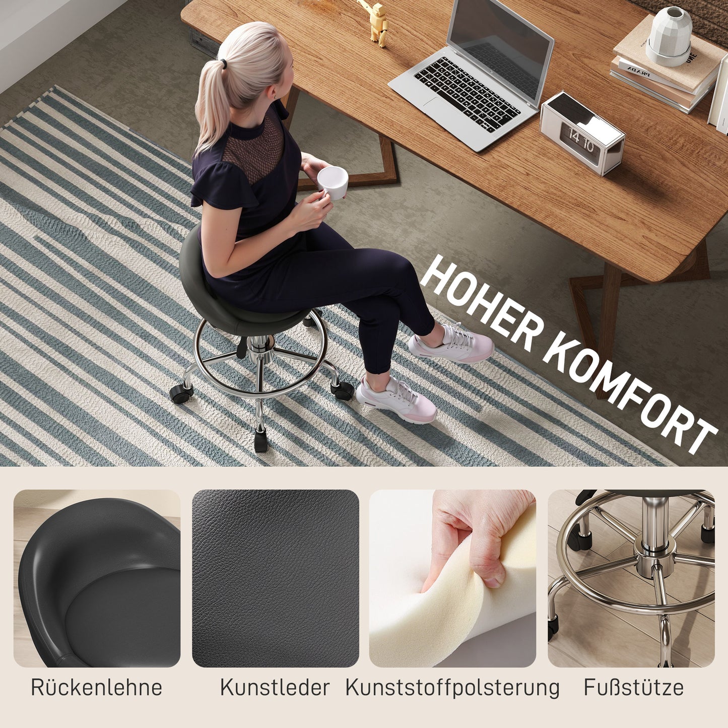 HOMCOM Rollhocker höhenverstellbar mit Rückenlehne Drehhocker 59-75 cm Arbeitshocker 360° drehbar Schwarz