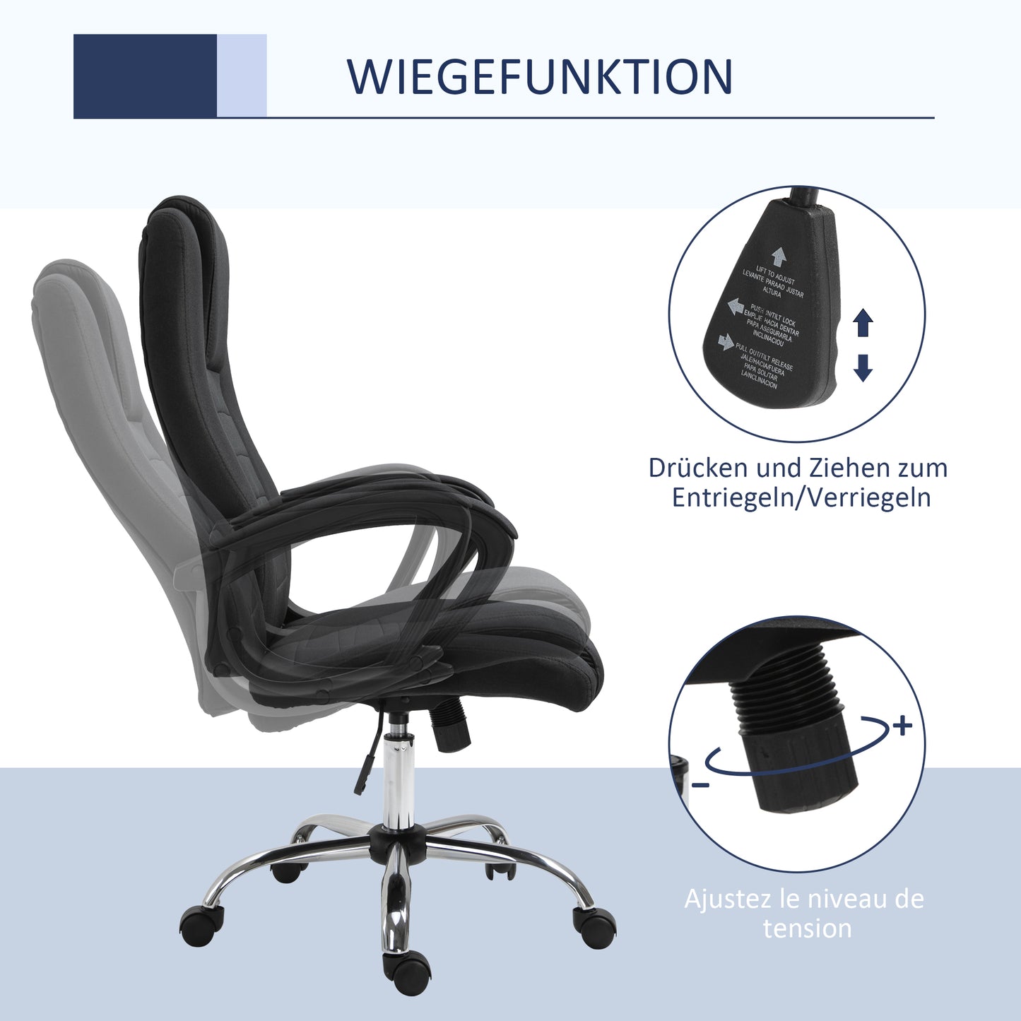 Vinsetto Bürostuhl Computerstuhl med Wippenfunktion Kopfstütze ergonomisk Schreibtischstuhl drehbar höhenverstellbar Leinen-Touch Schwarz 62 x 76 x 110-119 cm