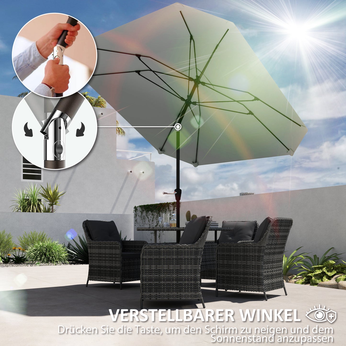 Outsunny 2,3 m Sonnenschirm ohne Basis, Verstellbarer Terrassenschirm mit Kurbel, Polyester, Aluminium, Fiberglas, Dunkelgrau