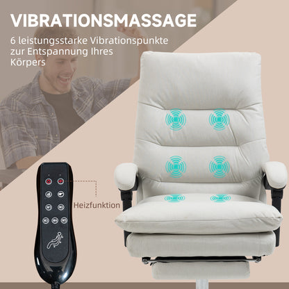 Vinsetto Bürostuhl mit Massagefunktion, beheizbar, neigbar, Kunstleder, 65x72x109-117cm, Cremeweiß