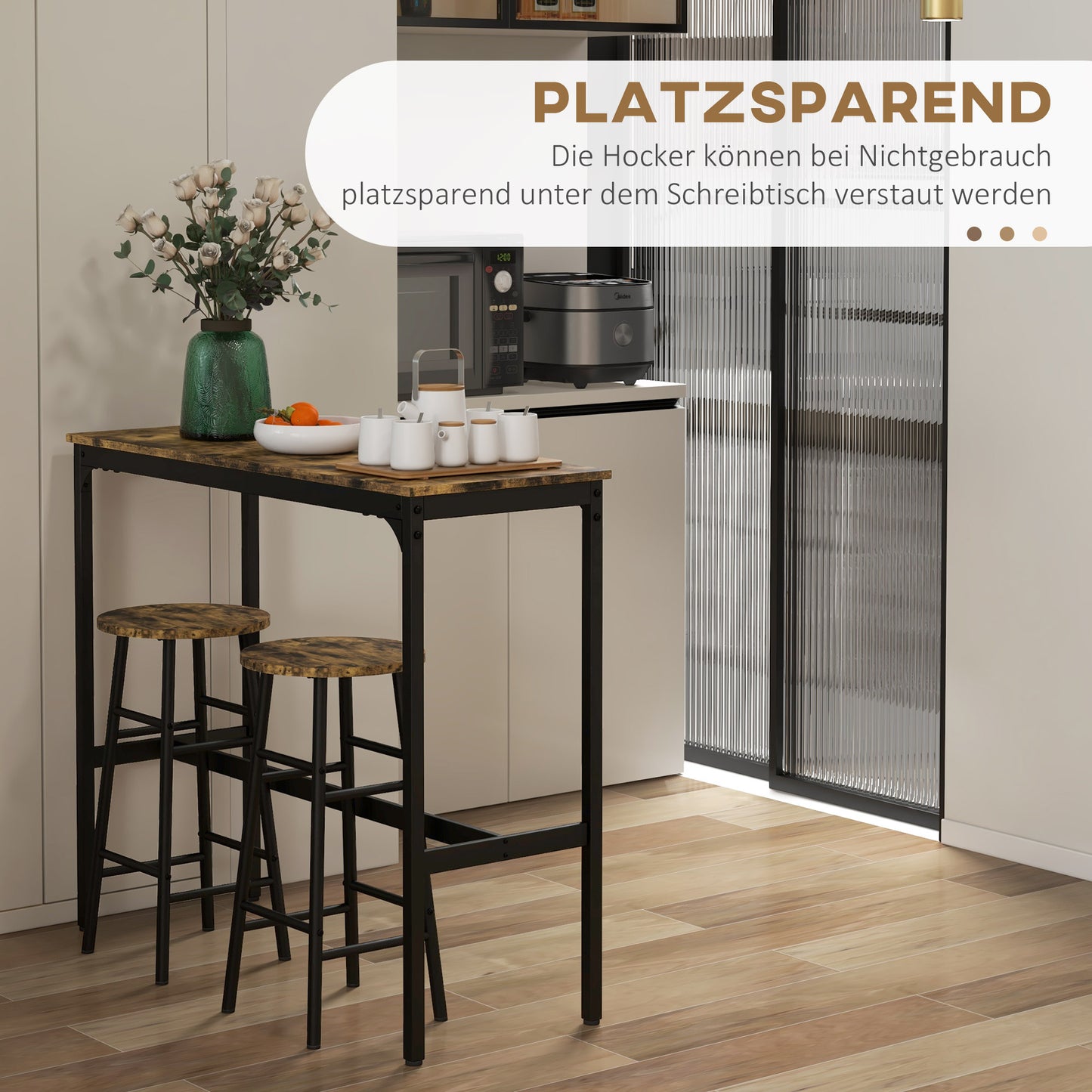 HOMCOM Bartisch mit 2 Stühlen im Industriedesign 2er-Set Barhocker mit Tisch, Industriedesign, 3-teilig, Braun + Schwarz