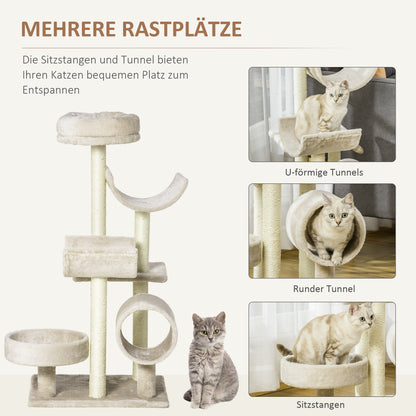PawHut Katzenbaum Katzenkratzbaum Katzen Kletterbaum Kratzbaum Spielzeug Tunnel Beige L50 x B40 x H105 cm