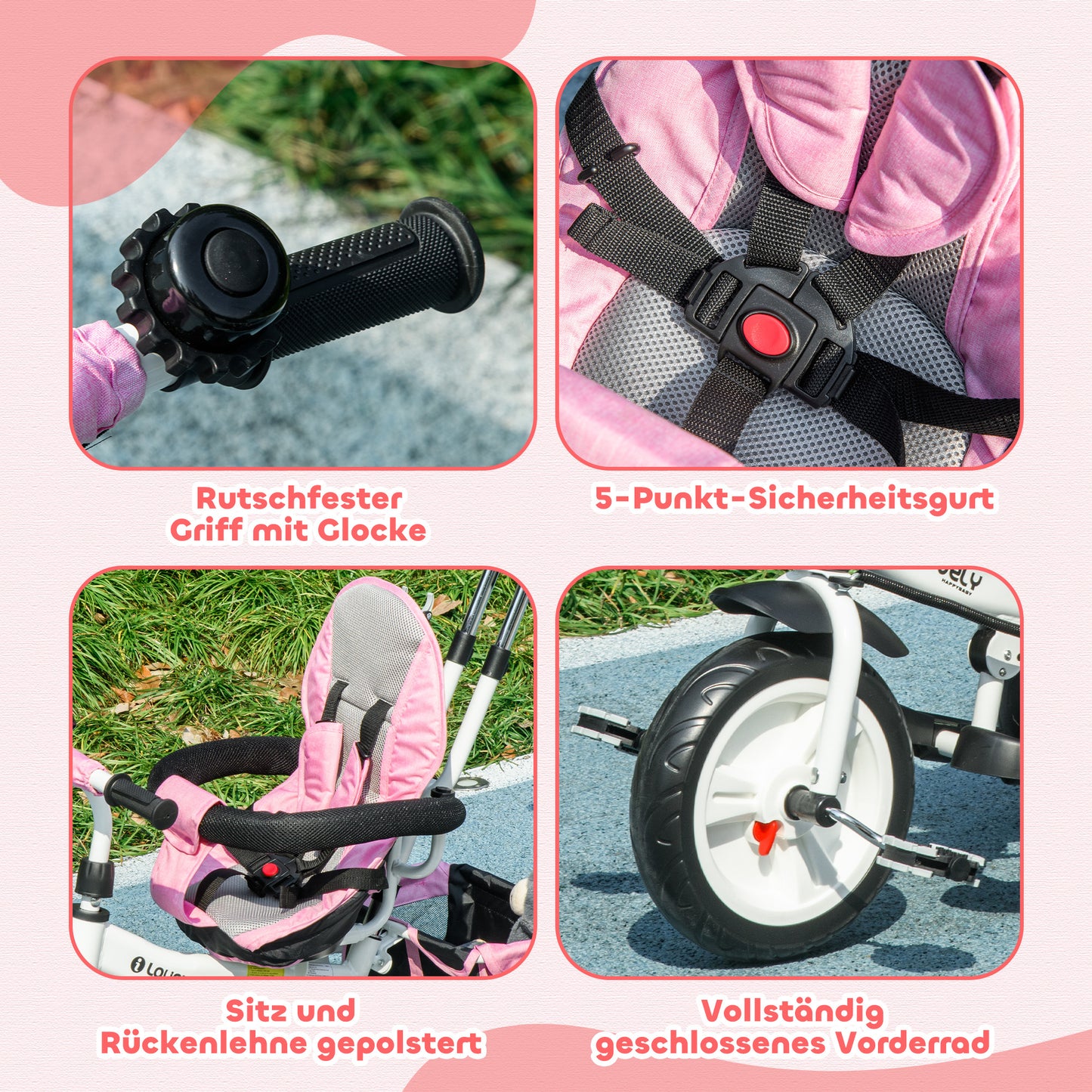 HOMCOM 6-in-1 Kinderdreirad mit Schiebestange, Dach, Gurt, Ablagekorb, für 1-5 Jahre, Rosa