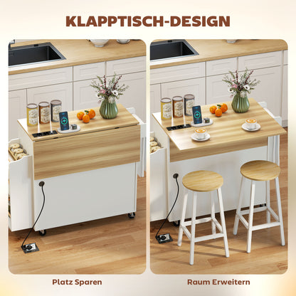 HOMCOM Kücheninsel, Küchenwagen auf Rollen, mit abklappbarer Arbeitsplatte, Schublade, Ablage, 120 x 68 x 85 cm, Weiß