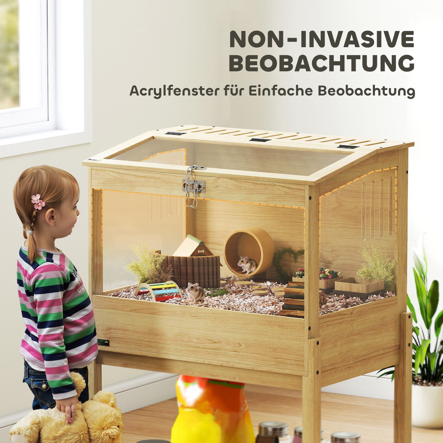 PawHut Hamsterkäfig 2 Etagen Nagerkäfig Kleintierkäfig mit klappbarem Deckel, groß 83,2 x 50 x 103 cm Naturholz