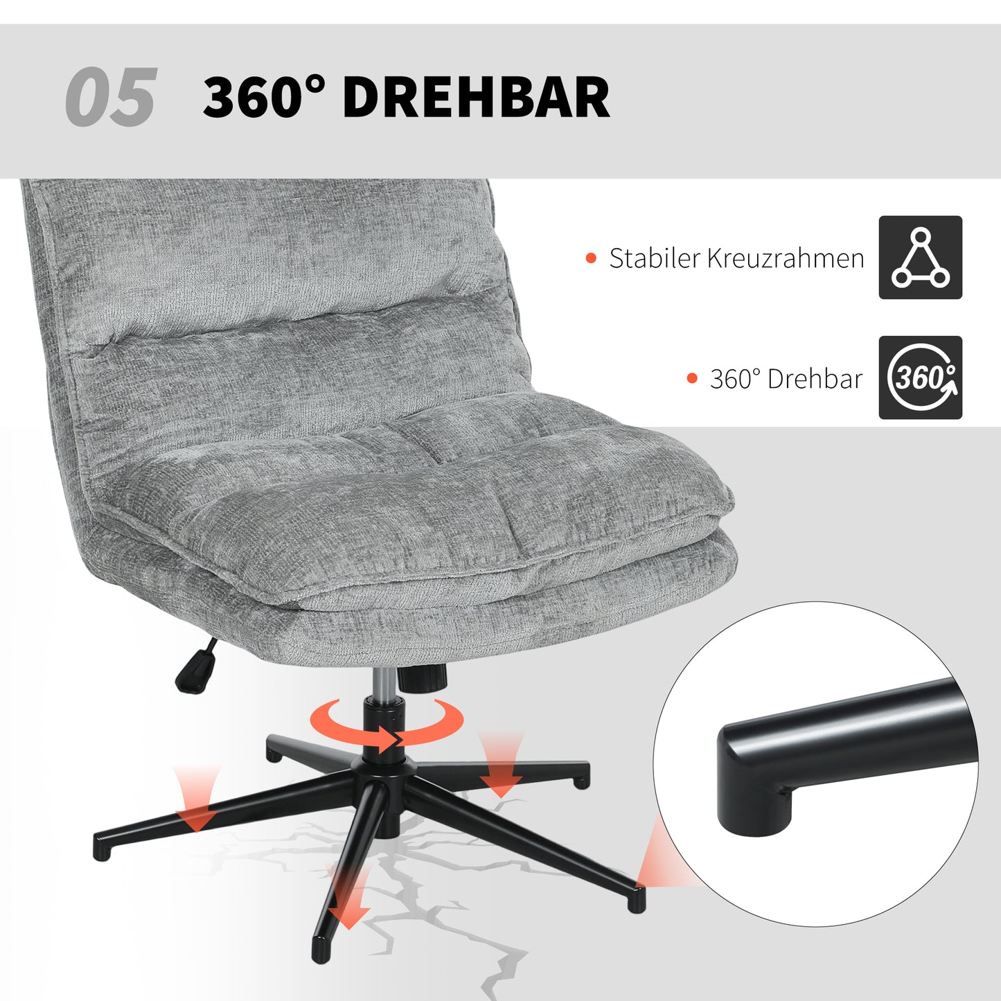 HOMCOM Armloser Polsterstuhl, drehbarer gepolsterter Bürostuhl mit weichem Stoffbezug, höhenverstellbar, Stahlbeine, Grau