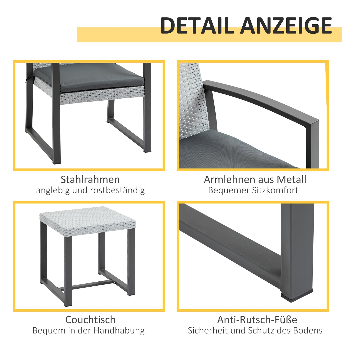 Outsunny Polyrattan Sitzgruppe für 2 Personen Balkonmöbel Set mit Beistelltisch mit Sitzkissen Stahl Schwarz+Grau