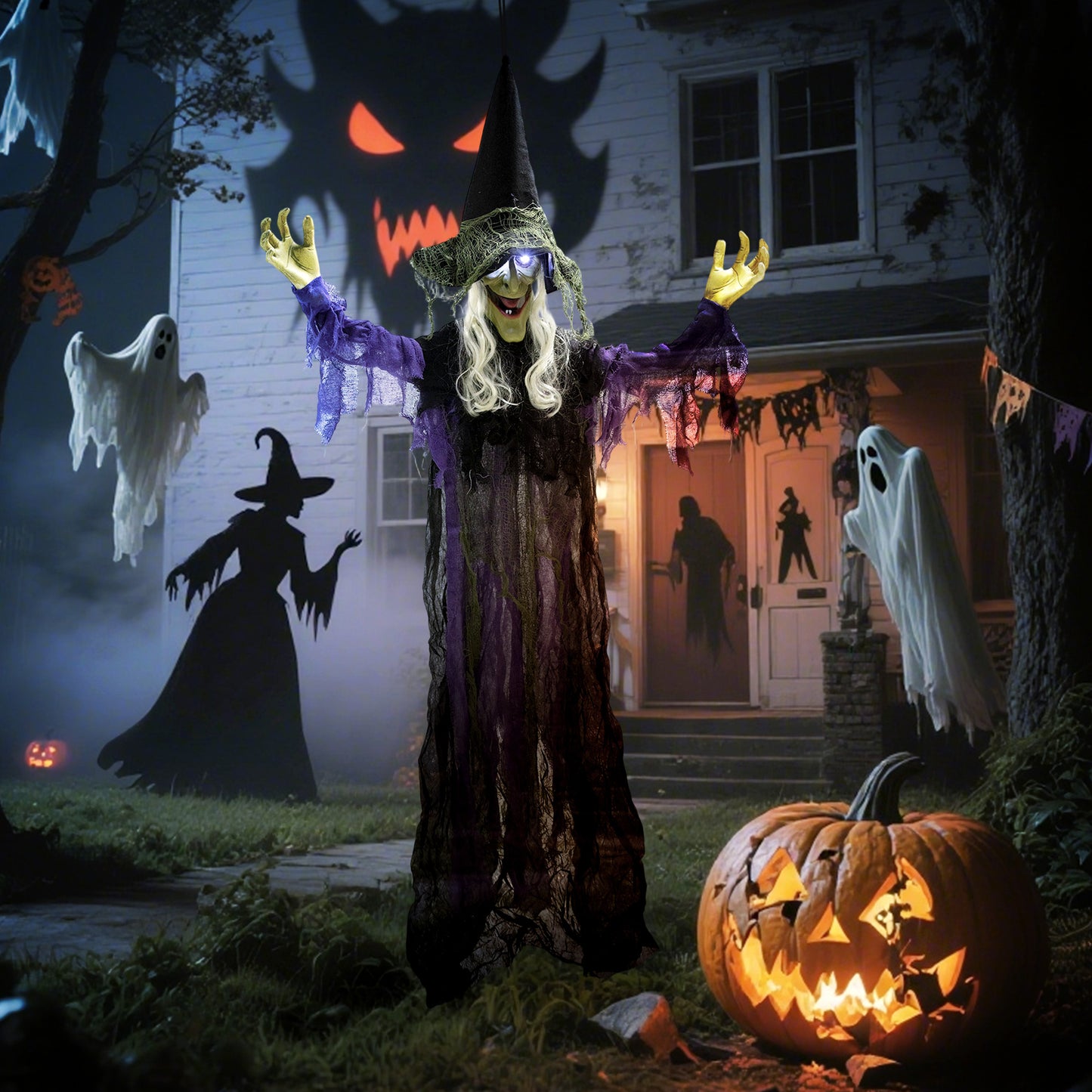 Outsunny 183cm Halloween Dekoration Hängende Halloween Hexe mit LED-Lichter, Soundfunktion verstellbare Arme, Mund
