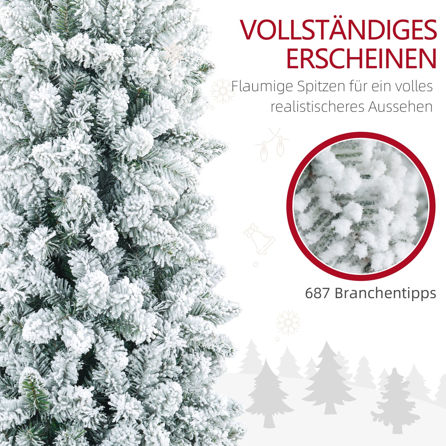 HOMCOM Künstlicher Weihnachtsbaum, flammenhemmend, mit Kunstschnee, schlank, Stahlfuß, 75 x 210 cm, Grün