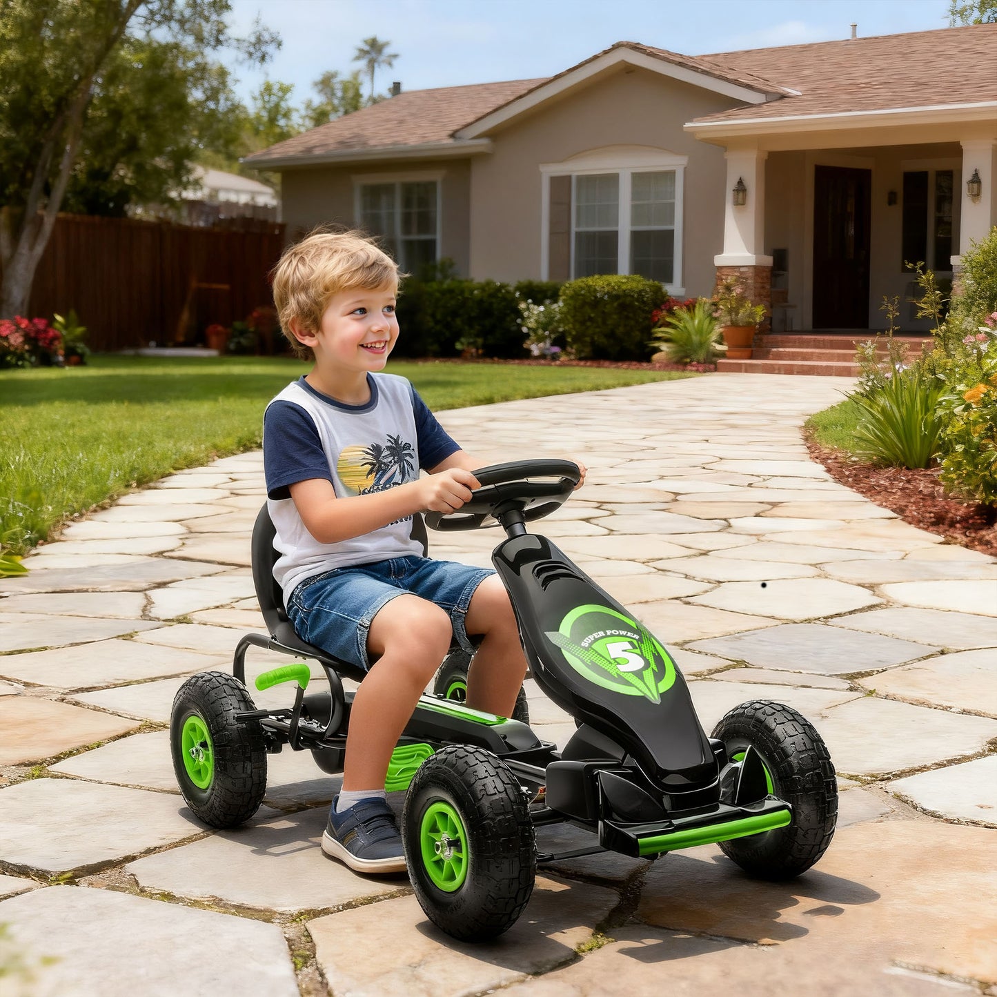 HOMCOM Kinder-Gokart, mit Pedalen, verstellbarem Sitz, In- und Outdoor, ab 5 Jahren, Grün+Schwarz, 121 x 58 x 61 cm