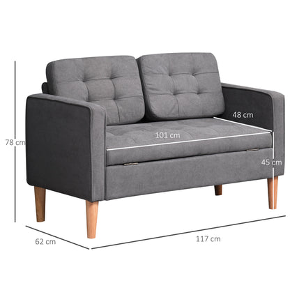 HOMCOM 2 Sitzer Sofa, Couch mit Stauraum, Holzbeine, Gepolsterter Polstersofa mit Samtoptik für Wohnzimmer, Schlafzimmer, 117x 62 x 78 cm, Grau