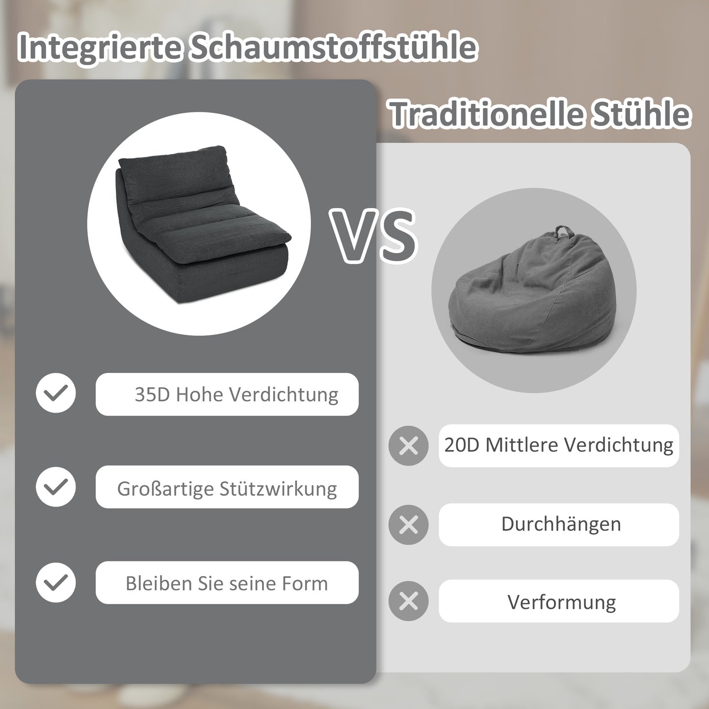 HOMCOM Schaumstoff-Bodensessel, Liegesessel, Lounge-Sessel für Wohnzimmer, Schlafzimmer, Grau