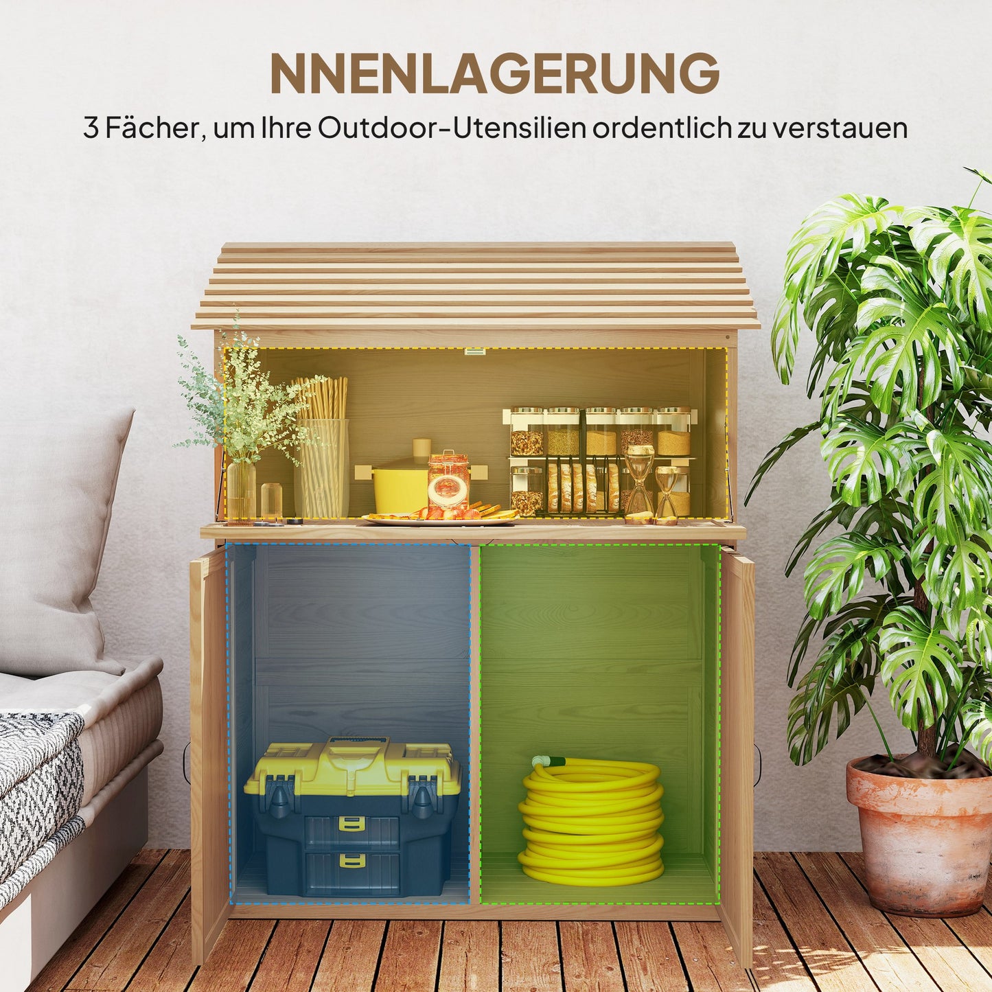 Outsunny Garten-Aufbewahrungsschrank mit ausklappbarem Tisch, Werkzeugschrank mit Dach, 110 x 54 x 136 cm, Tannenholz, Braun