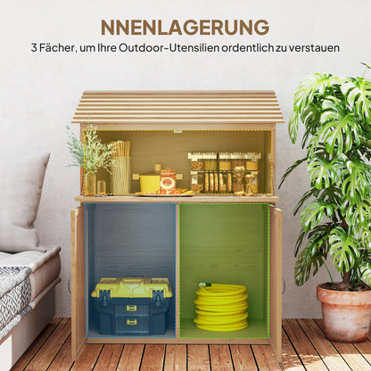 Outsunny Garten-Aufbewahrungsschrank mit ausklappbarem Tisch, Werkzeugschrank mit Dach, 110 x 54 x 136 cm, Tannenholz, Braun