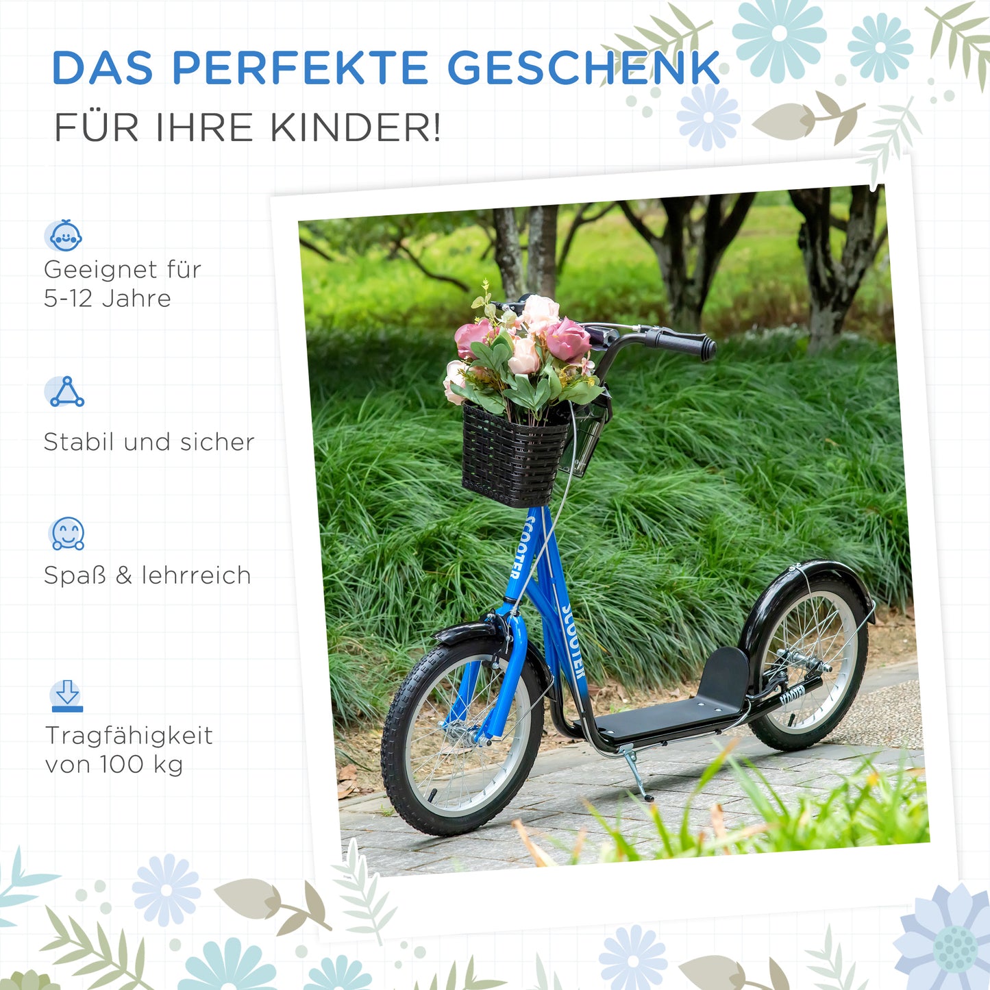 HOMCOM Kinderroller, Scooter mit Bremse, inkl. Korb, höhenverstellbar, für Kinder 5-12 J., blau+schwarz