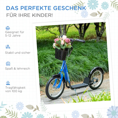 HOMCOM Kinderroller, Scooter mit Bremse, inkl. Korb, höhenverstellbar, für Kinder 5-12 J., blau+schwarz