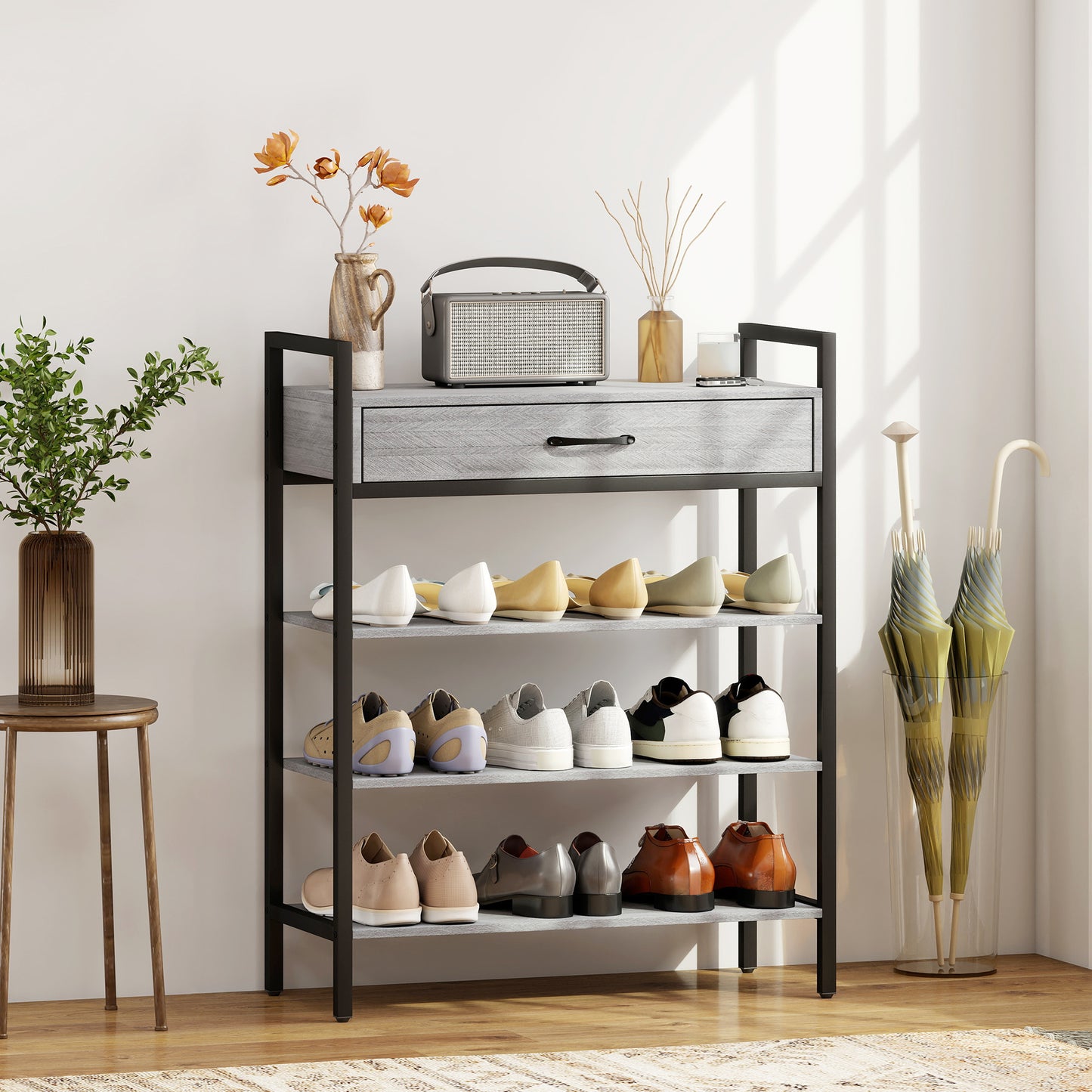 HOMCOM 4-stufiges Schuhregal, Flurregal für bis zu 9 Paar Schuhe, Spanplatte, Metall, Grau