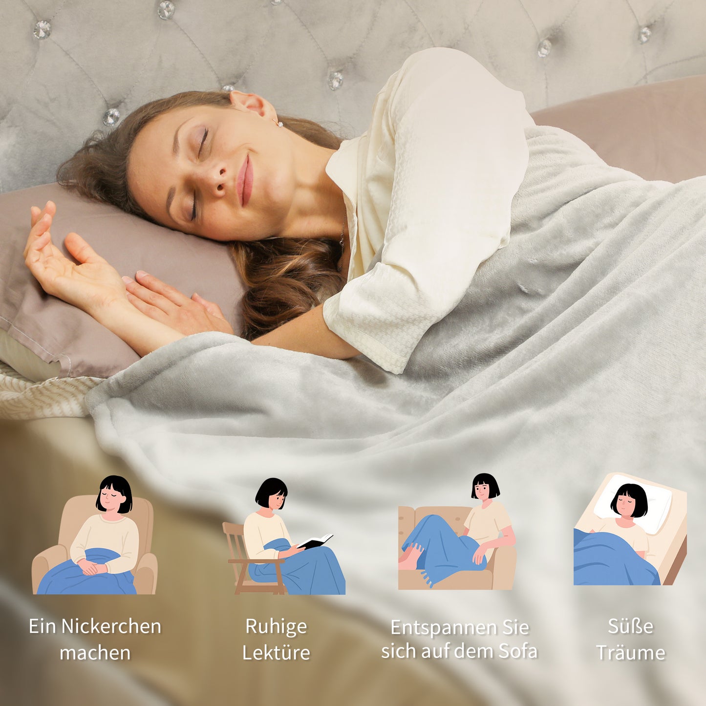 HOMCOM Heizdecke 180 x 130 cm Elektrische Wärmedecke mit 10 Heizstufen, 10 Stunden Timer Überhitzungsschutz LED Anzeige