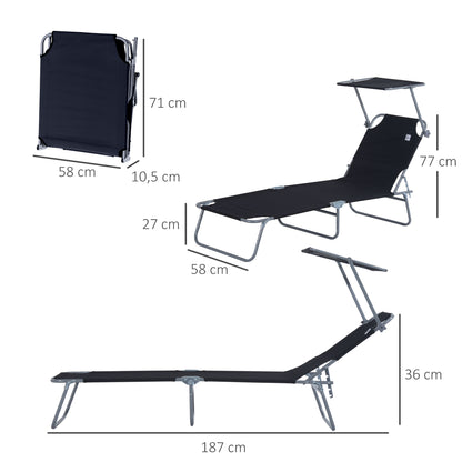Outsunny Sonnenliege klappbar Gartenliege mit Sonnenschutz Liegestuhl mit 4-Fach verstellbare Rückenlehne Campingliege bis 120kg belastbar für Garten, Balkon und Pool geeignet, 6 Farben(Schwarz )