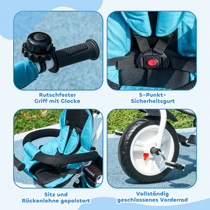 HOMCOM 6-in-1 Kinderdreirad mit Schiebestange, Dach, Gurt, Ablagekorb, für 1-5 Jahre, Blau