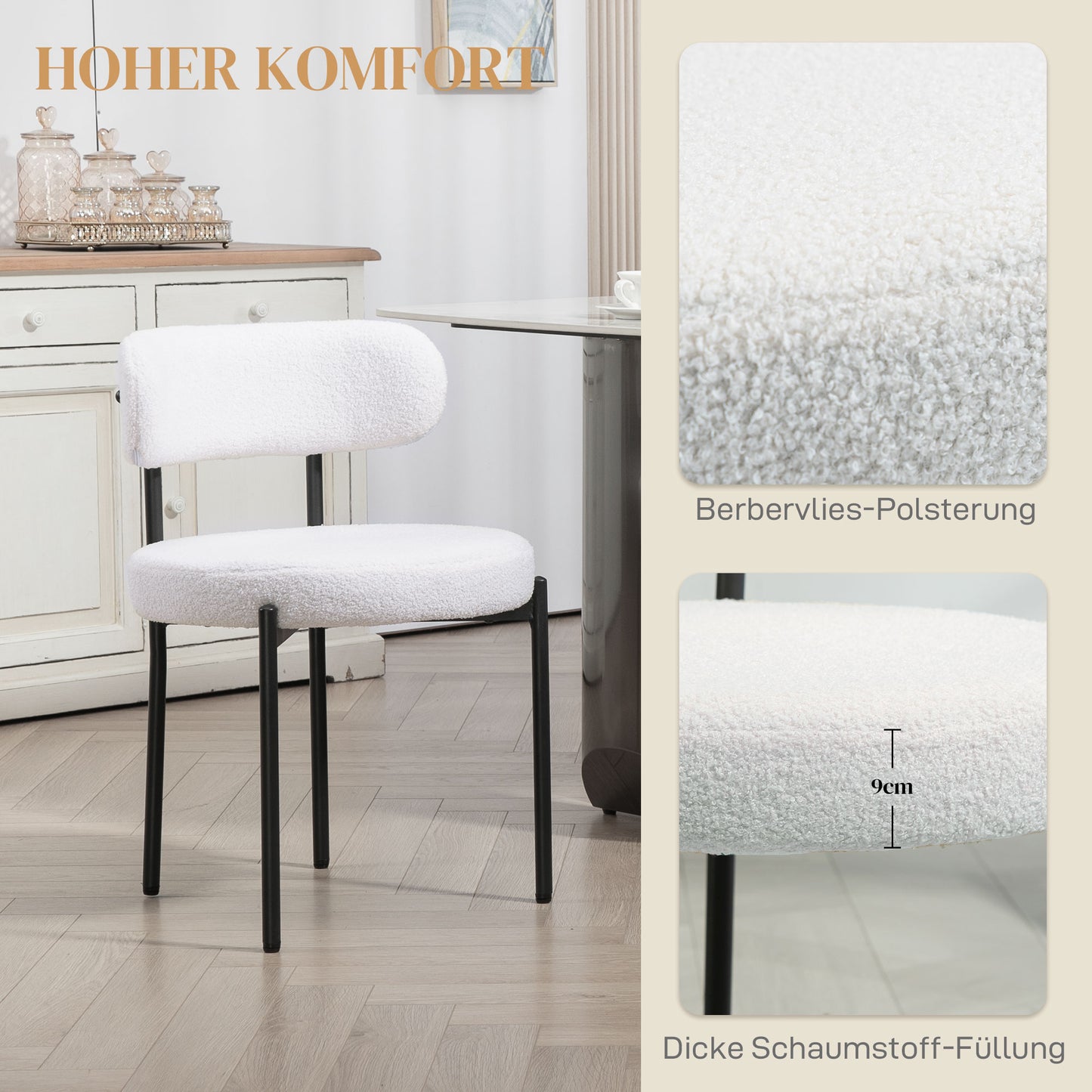 HOMCOM 2er-Set Esszimmerstühle, Fleece-Polsterung, Stühle mit Polstersitz, Metallbeine, Cremeweiß