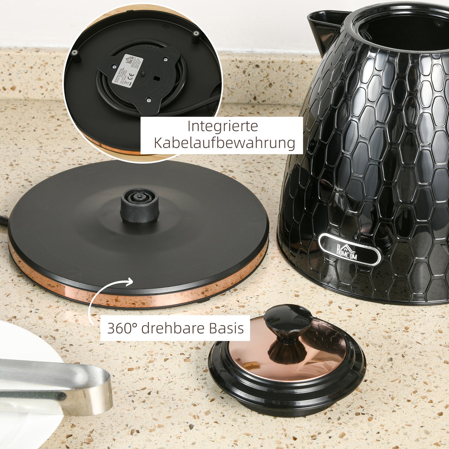 HOMCOM Wasserkocher, 2200W, Sichtfenster, Filter, Schnellkocher, Schwarz