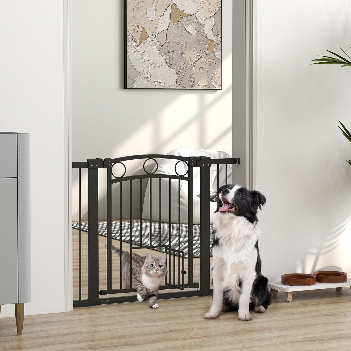 PawHut Haustiertor, 77 cm Treppengatter, verstellbar Breite 76-104 cm, mit Katzentür, für Treppen och Türöffnungen, Schwarz