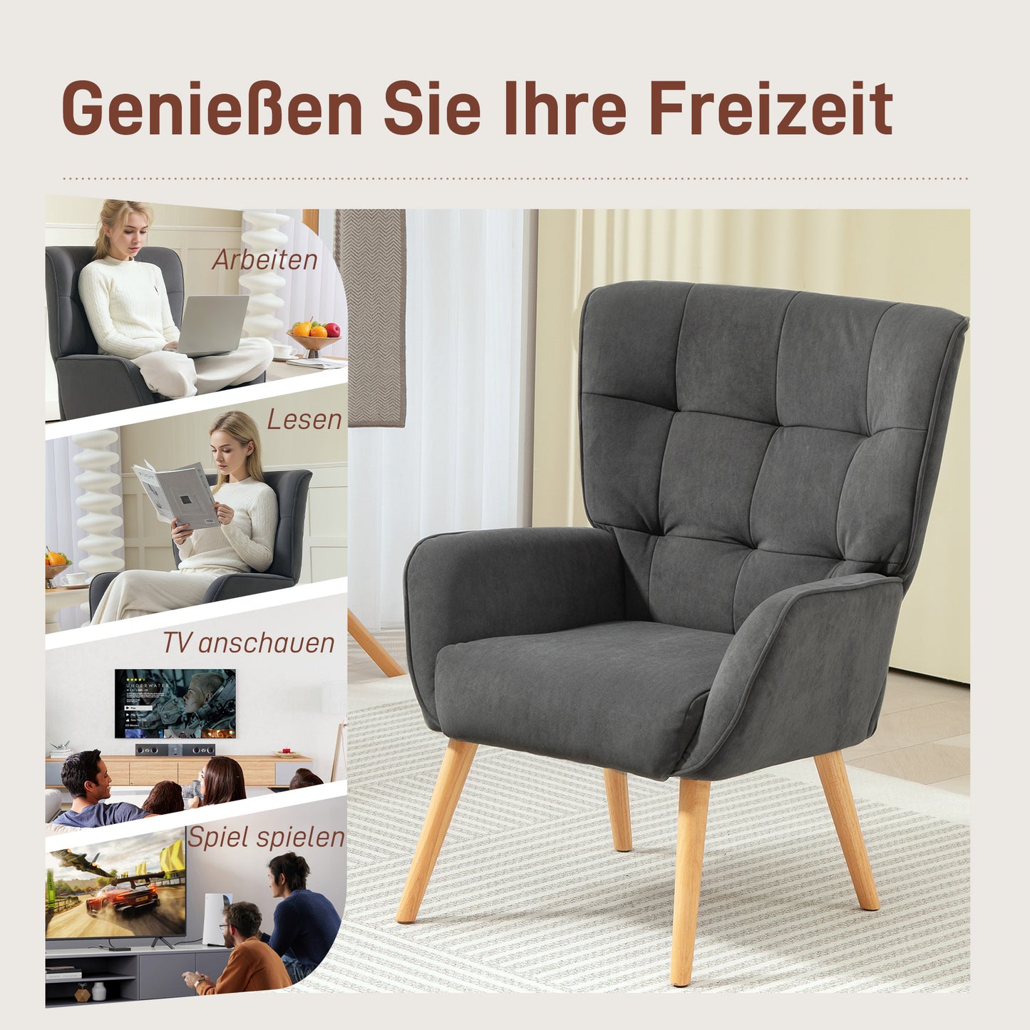 HOMCOM Polstersessel, Wohnzimmersessel mit Steppung, weicher Bezug in Samtoptik, bis 120 kg, Grau