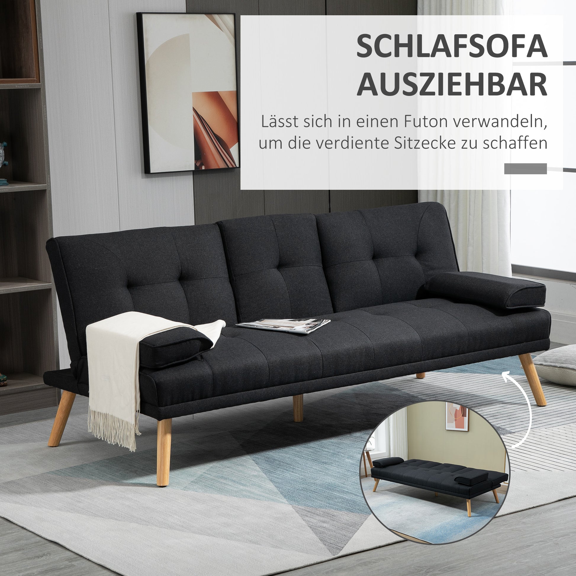 HOMCOM Schlafsofa, Gästebett, verstellbare Rückenlehne, klappbarer Tisch, 181x77x78 cm, Schwarz