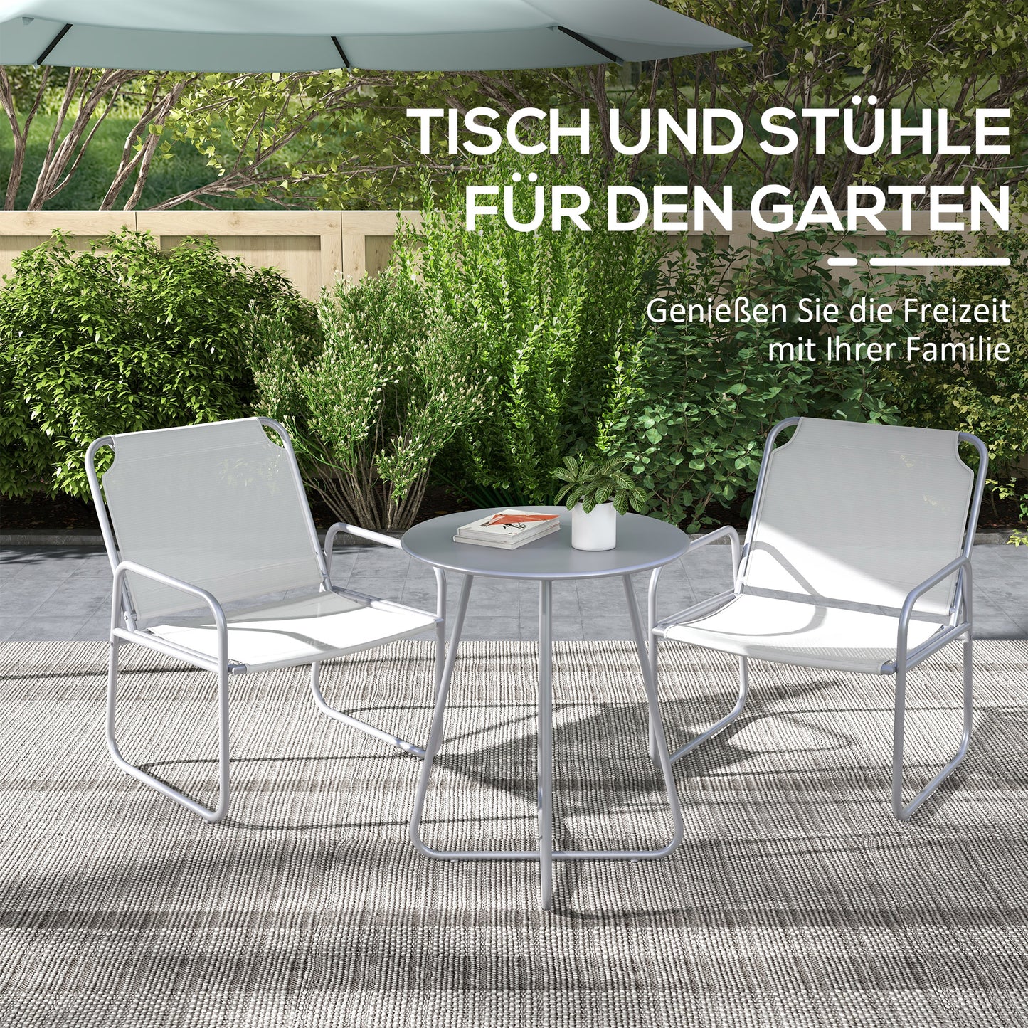 Outsunny 3-teiliges Gartenmöbelset, 2 Stühle mit atmungsaktivem Stoffbezug, 1 runder Tisch Ø60 cm, Hellgrau
