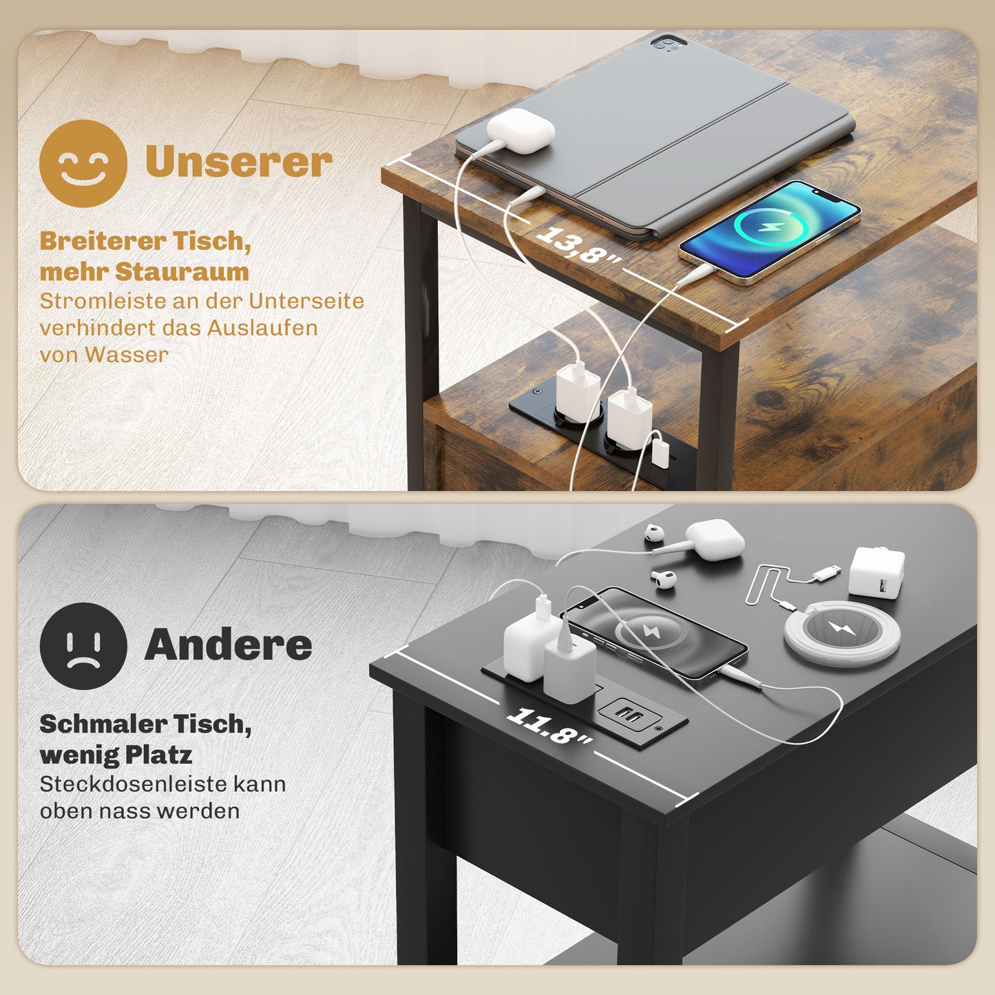 HOMCOM Beistelltisch mit Aufladestation, USB-Anschlüssen, Steckdosen, 2 Schubladen und Regal für Wohnzimmer, Schlafzimmer