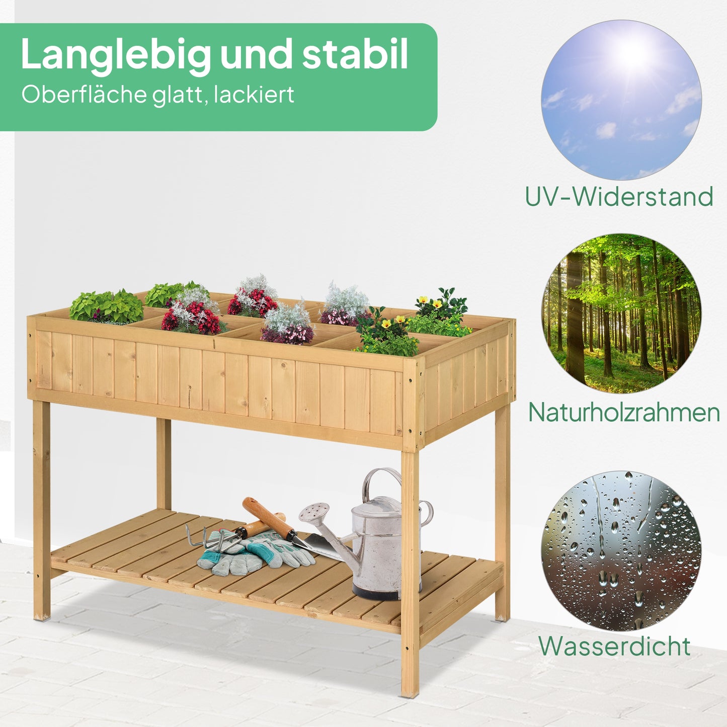 Outsunny Hochbeet 8 Fächer Pflanztisch Blumenkasten Tannenholz 1 Ablage + Abfluss